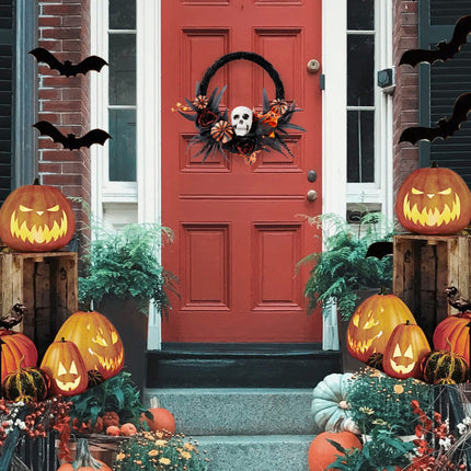 Halloween Wreath Artificial Skull Wreath Handmade Black Grapevine Wreath with Pumpkin Rose Ribbon Bat 15.7”Front Door Decorations