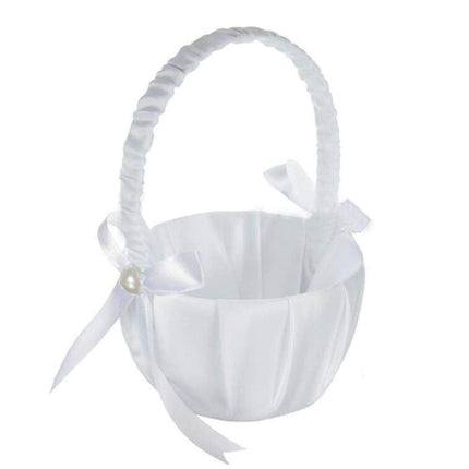Romantic White Satin Beaded Wedding Flower Girl Basket Bowknot Decor Wedding Basket DIY Ceremony Party Decoration Candy Small