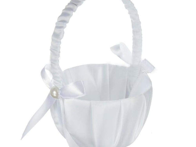 Romantic White Satin Beaded Wedding Flower Girl Basket Bowknot Decor Wedding Basket DIY Ceremony Party Decoration Candy Small