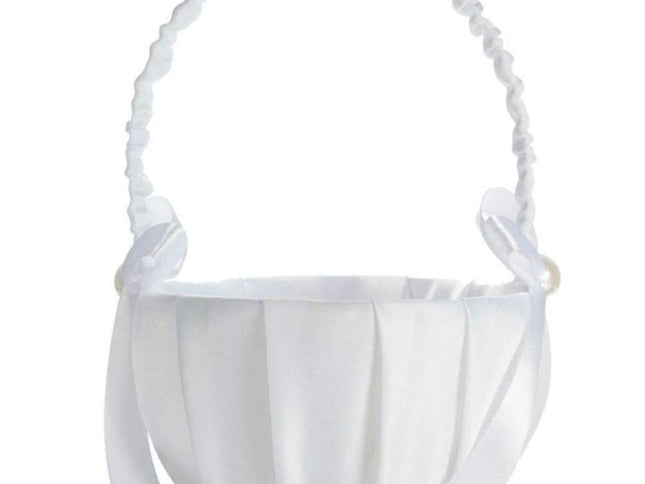 Romantic White Satin Beaded Wedding Flower Girl Basket Bowknot Decor Wedding Basket DIY Ceremony Party Decoration Candy Small