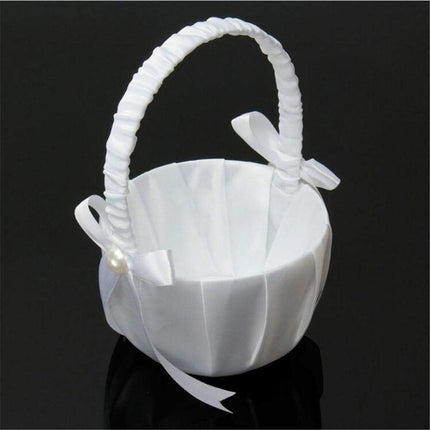 Romantic White Satin Beaded Wedding Flower Girl Basket Bowknot Decor Wedding Basket DIY Ceremony Party Decoration Candy Small