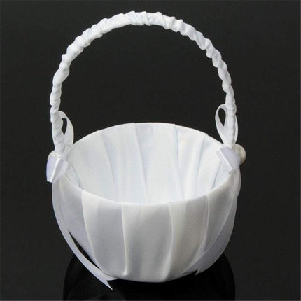 Romantic White Satin Beaded Wedding Flower Girl Basket Bowknot Decor Wedding Basket DIY Ceremony Party Decoration Candy Small