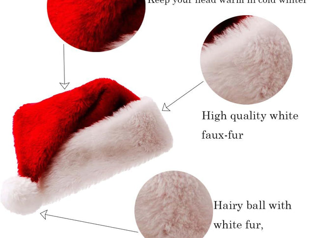 Red Christmas Velvet Santa Hat, Unisex Xmas Holiday Santa Hat with Classic Comfortable Fur Christmas Accessories New Years