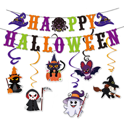 Halloween Hanging Swirl Banner Set Bat Witch Skull Spider Ghost Spiral Happy Halloween Party Decoration Kit