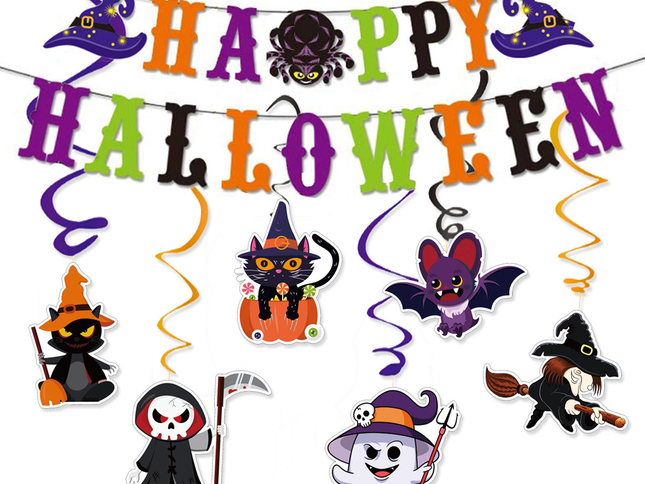 Halloween Hanging Swirl Banner Set Bat Witch Skull Spider Ghost Spiral Happy Halloween Party Decoration Kit