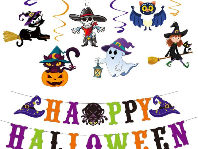 Halloween Hanging Swirl Banner Set Bat Witch Skull Spider Ghost Spiral Happy Halloween Party Decoration Kit
