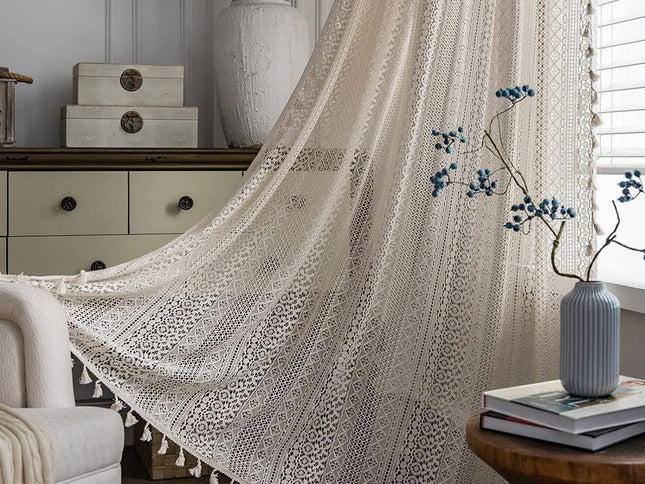 Curtains Crochet Lace Semi-Sheer Bohemian Hollow Knitted Handmade Tassels, Rod Pocket Window Treatment Vintage Rustic Farmhouse