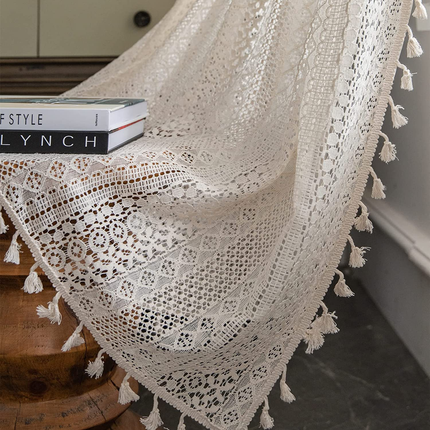 Curtains Crochet Lace Semi-Sheer Bohemian Hollow Knitted Handmade Tassels, Rod Pocket Window Treatment Vintage Rustic Farmhouse