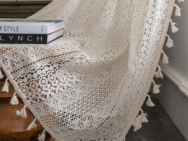 Curtains Crochet Lace Semi-Sheer Bohemian Hollow Knitted Handmade Tassels, Rod Pocket Window Treatment Vintage Rustic Farmhouse