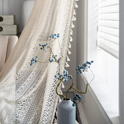 Curtains Crochet Lace Semi-Sheer Bohemian Hollow Knitted Handmade Tassels, Rod Pocket Window Treatment Vintage Rustic Farmhouse