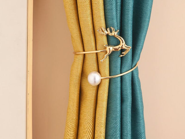 2 Pack Metal Curtain Tiebacks Pearl Elk Tie Backs for Curtains, Home Decor Living Room Curtain Decoration, Golden