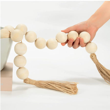 Wood Bead Garland with Diameter Wooden Beads, Long Wooden Beads Garland with Tassels, Decorative Beads for Farmhouse Decor