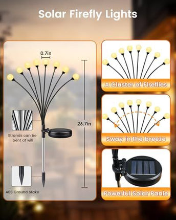 Solar Firefly Garden Lights - 8pcs 64LEDs, Wind-Swaying Outdoor Decor for Patio, Path, Party (Warm White)