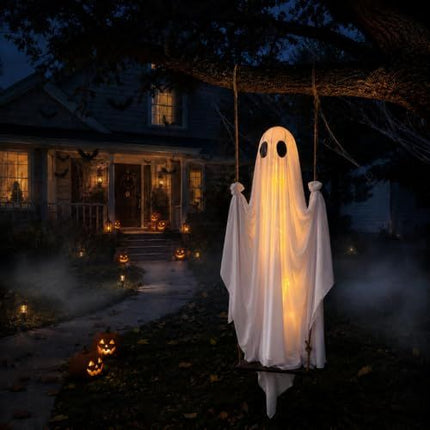 Swinging Ghost Halloween Porch Decoration, Spooky Hanging Decor for Outdoor Holiday Displays (white)