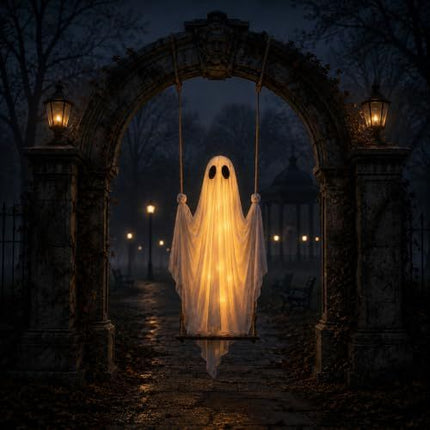 Swinging Ghost Halloween Porch Decoration, Spooky Hanging Decor for Outdoor Holiday Displays (white)