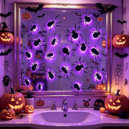 36 Pack LED Light-Up Spider Halloween Decoration for Home, Mirror, Wall, Party (purple)