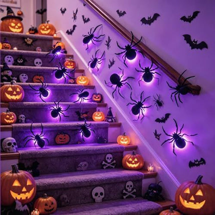 36 Pack LED Light-Up Spider Halloween Decoration for Home, Mirror, Wall, Party (purple)