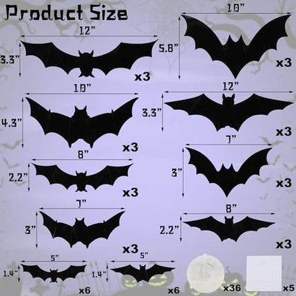 36-Pack Halloween Bat Decorations with LED Lights for Indoor Outdoor Halloween Party Garage Decor (black)