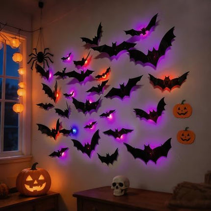 36-Pack Halloween Bat Decorations with LED Lights for Indoor Outdoor Halloween Party Garage Decor (black)