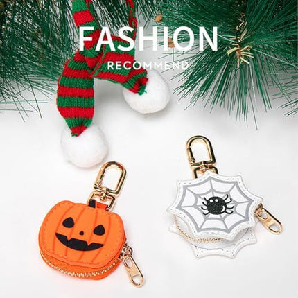 Cute Halloween Pumpkin & Spider Web Keychain Pouches For Bags & Backpacks (Orange)