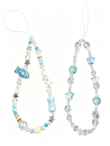 2-Piece Beaded Phone Lanyards for Phones, Cameras, Bags, Keychains, and More (Blue)
