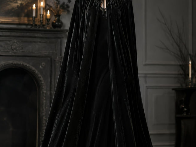 Black Velvet Cape Hooded Cape Cosplay Cape Halloween Costume Cape Party Cape - Black - Size M