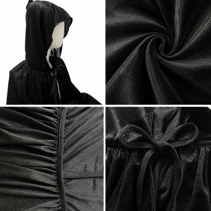 Black Velvet Cape Hooded Cape Cosplay Cape Halloween Costume Cape Party Cape - Black - Size S
