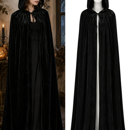 Black Velvet Cape Hooded Cape Cosplay Cape Halloween Costume Cape Party Cape - Black - Size XXXL