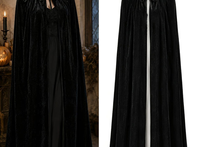 Black Velvet Cape Hooded Cape Cosplay Cape Halloween Costume Cape Party Cape - Black - Size XXXL