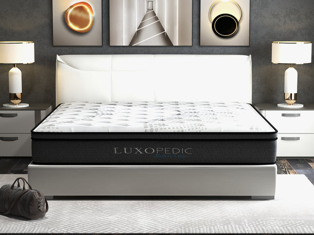 Luxopedic Pocket Spring Mattress 5 Zone 32CM Euro Top Memory Foam Medium Firm - Double - White  Grey