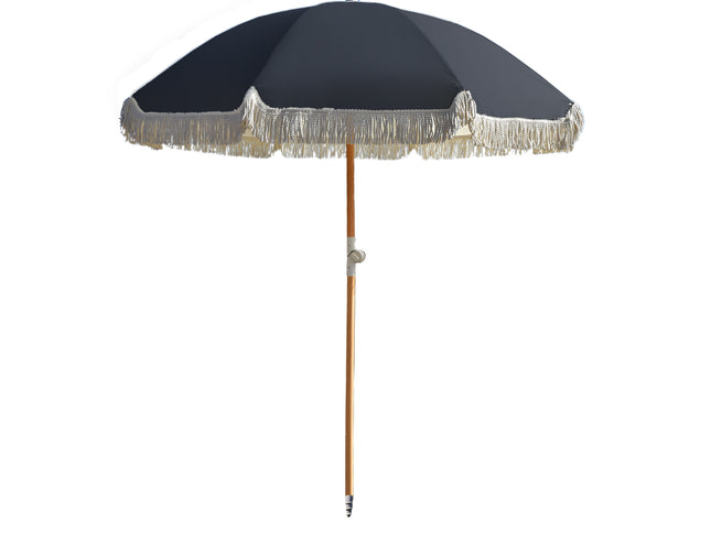 Havana Outdoors Beach Umbrella Portable 2 Metre Fringed Garden Sun Shade Shelter - Black