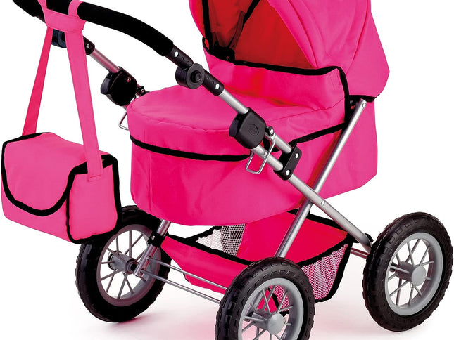 Foldable Dolls Pram with Height-Adjustable Handle and Shoulder Bag, Stable, Pink