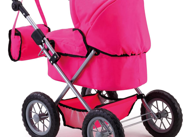 Foldable Dolls Pram with Height-Adjustable Handle and Shoulder Bag, Stable, Pink