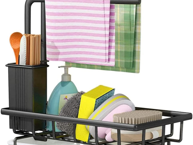 Sink Caddy Sponge Holder with Drain Tray, Brush Holder & Dishcloth Holder for Kitchen