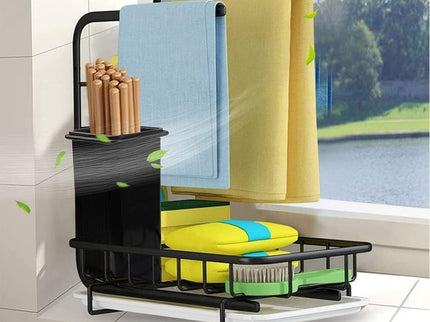 Sink Caddy Sponge Holder with Drain Tray, Brush Holder & Dishcloth Holder for Kitchen