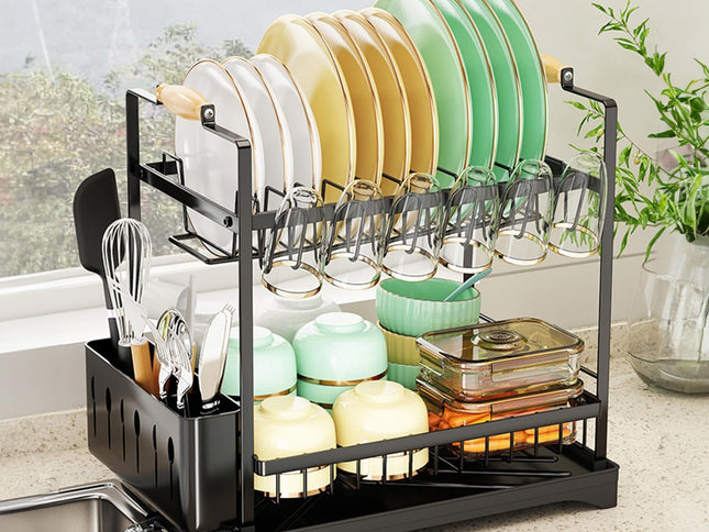 CARLA HOME 2-Tier Large Dish Drying Rack with Drainboard, Utensil Holder, Glass Hooks & Cutlery Storage (Black)