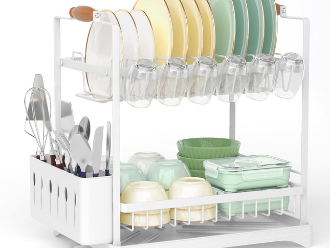 CARLA HOME 2-Tier Large Dish Drying Rack with Drainboard, Utensil Holder, Glass Hooks & Cutlery Storage (White)