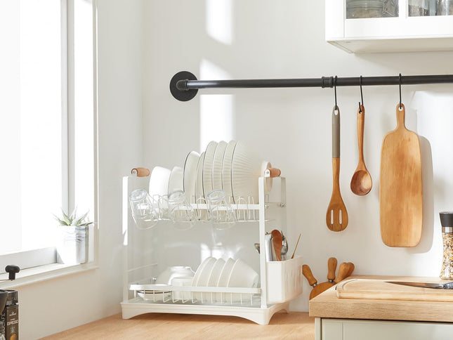 CARLA HOME 2-Tier Large Dish Drying Rack with Drainboard, Utensil Holder, Glass Hooks & Cutlery Storage (White)