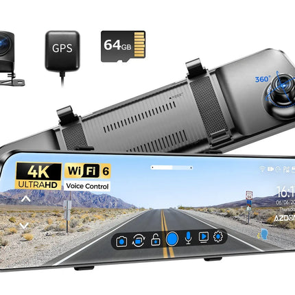 12" Black Rear View Mirror Dash Cam with 4K Front and 1080P Rear, GPS, WiFi6