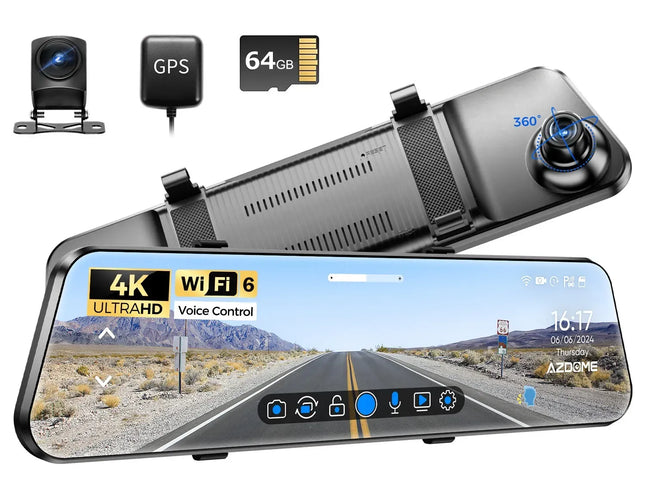 12" Black Rear View Mirror Dash Cam with 4K Front and 1080P Rear, GPS, WiFi6