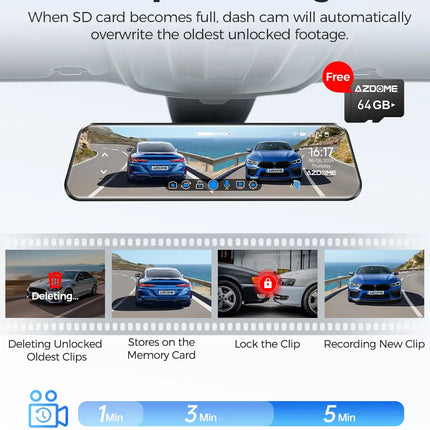 12" Black Rear View Mirror Dash Cam with 4K Front and 1080P Rear, GPS, WiFi6