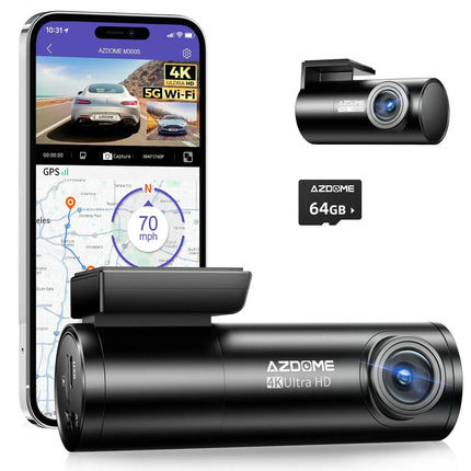 4K Black Dash Cam with 5.8GHz WiFi, GPS, Front & Rear Recording, 24-Hour Parking Mode, 64GB Card