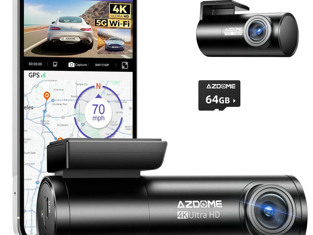 4K Black Dash Cam with 5.8GHz WiFi, GPS, Front & Rear Recording, 24-Hour Parking Mode, 64GB Card