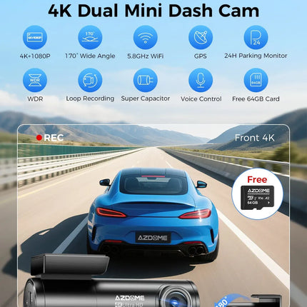 4K Black Dash Cam with 5.8GHz WiFi, GPS, Front & Rear Recording, 24-Hour Parking Mode, 64GB Card