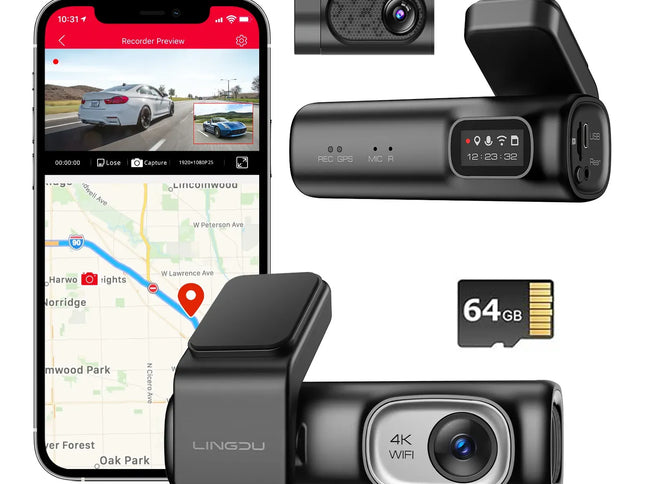 2 Channel 4K Dashcam with 1080P, 5G WiFi, GPS, Parking Monitor, Voice Control, Free 64GB TF Card