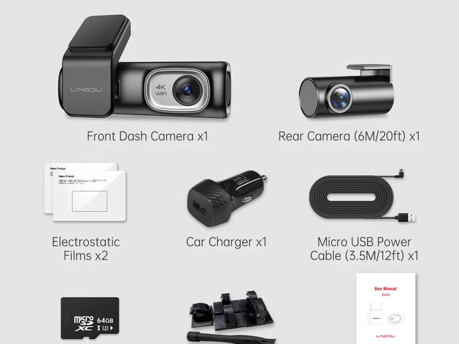 2 Channel 4K Dashcam with 1080P, 5G WiFi, GPS, Parking Monitor, Voice Control, Free 64GB TF Card