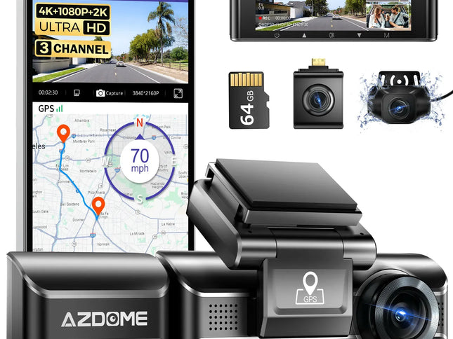 3 Channel Dash Cam in Black with WiFi, GPS, 4K+1080P+2.5K, 64GB Card, Parking Mode