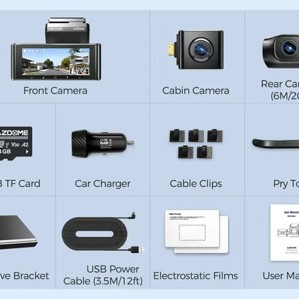 3 Channel Dash Cam in Black with WiFi, GPS, 4K+1080P+2.5K, 64GB Card, Parking Mode
