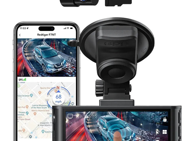 4K Dash Camera with Touch Screen, Black, Front and Rear, 64GB Card Included
