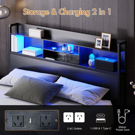 Double Black LED Bed Frame with 2 Storage Drawers and Charging Station